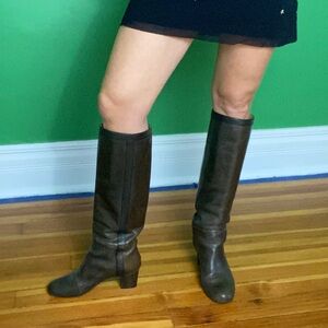 Lanvin 2012 taupe brown gray distressed Leather Knee-High block heel Boots